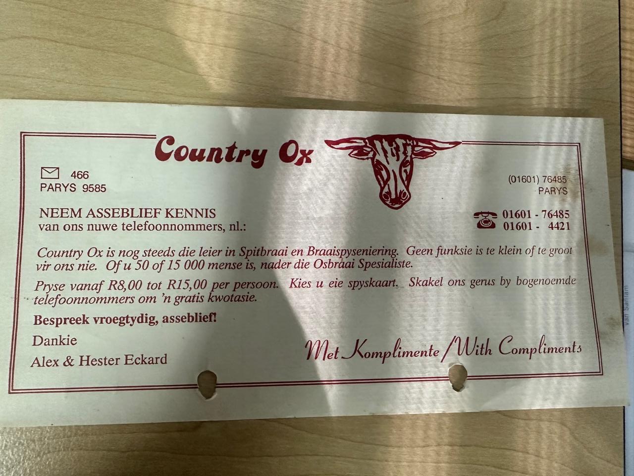 1988 Country Ox business card — Alex & Hester Eckard, spit-braai caterers, Parys