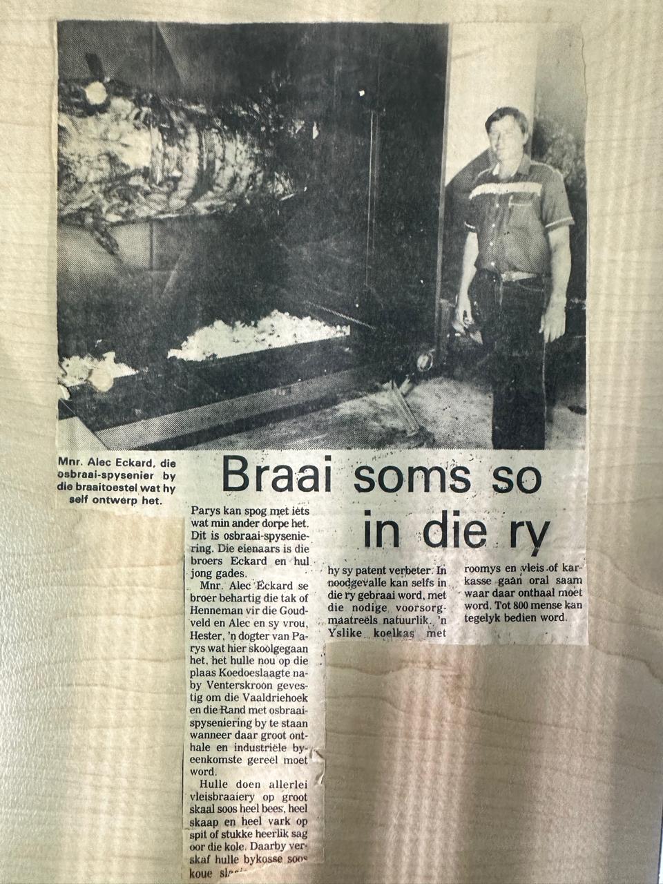 1991 newspaper clipping: Alec Eckard at the spit, 'Braai soms so in die ry'