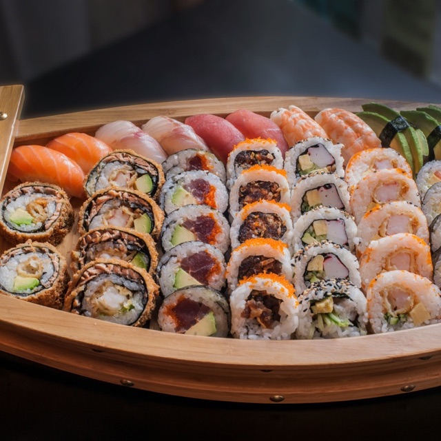 Platter of assorted sushi rolls